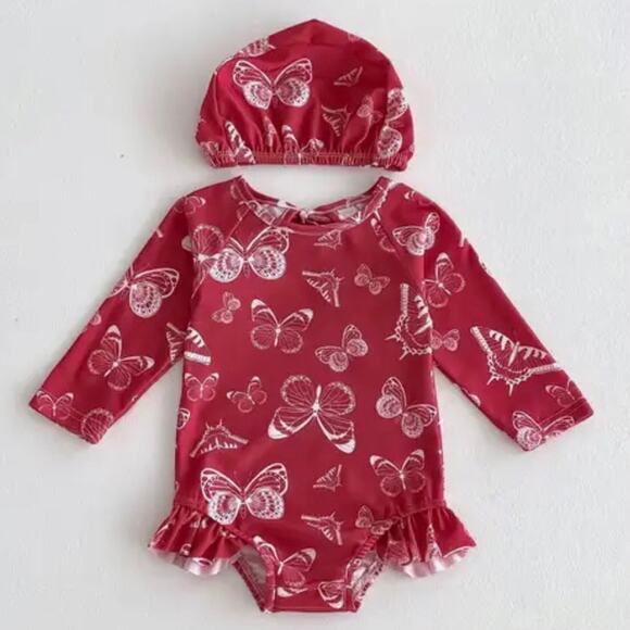 New baby girl rash guard swim suit and cap 6 months - Picture 1 of 2